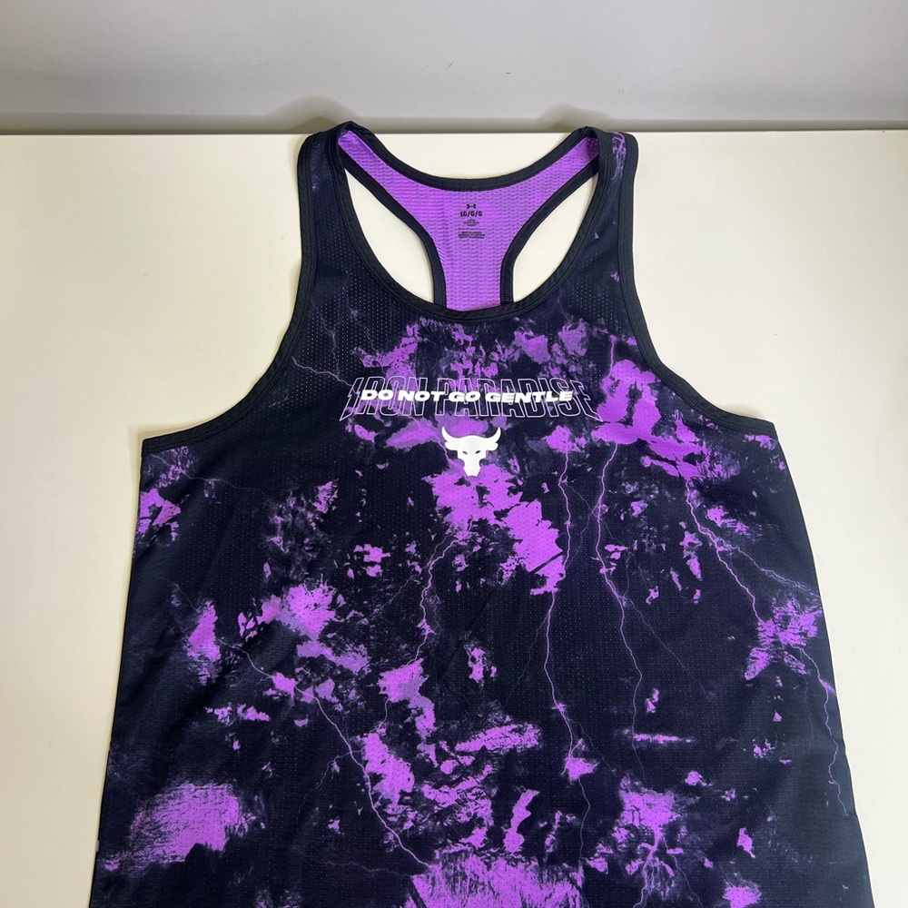 Under Armour Mens Project Rock Mesh Printed Tank Shirt Top- Black/Purple - L
